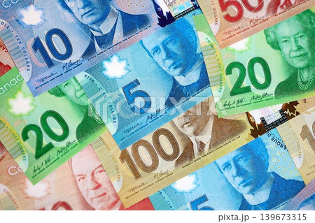 Canadian Dollar currency money bills. CAD currency banknotes in stack 139673315