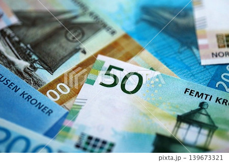 Norwegian Krone currency money bills. NOK currency banknotes in stack Norwegian Krone currency money bills. NOK currency banknotes in stack 139673321