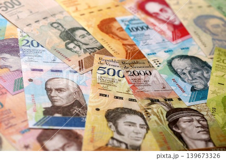 Venezuelan Bolivar currency money bills in bunch. VED currency banknotes Venezuelan Bolivar currency money bills in bunch. VED currency banknotes 139673326
