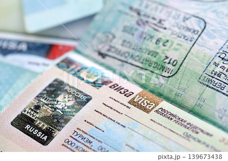 Fragment of Russian Federation visa in passport page. Concept of travel and tourism worldwide 139673438
