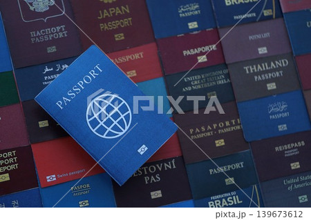 Fictional passport book travel document on big amount of real passport covers 139673612