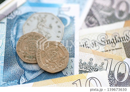 Coins and banknotes of United Kingdom and Great Britain pound currency. UK money close up 139673630