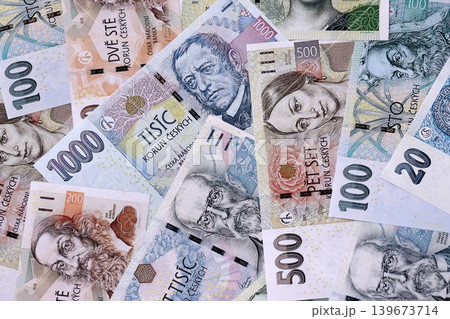 Czech koruna paper banknotes pile on table. Czech Republic CZK currency money bills in big amount 139673714