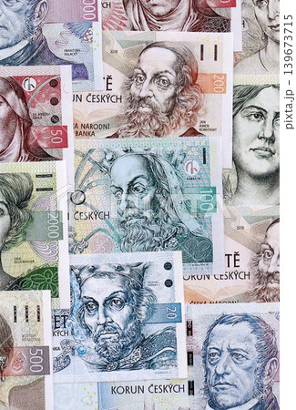 Czech koruna paper banknotes pile on table. Czech Republic CZK currency money bills in big amount Czech koruna paper banknotes pile on table. Czech Republic CZK currency money bills in big amount 139673715