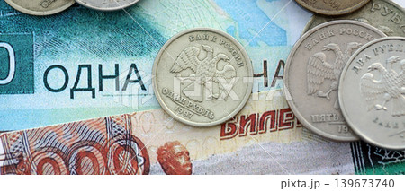 Coins and banknotes of Russian Federation ruble currency. Russia RUB money close up. Business 139673740