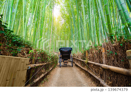 Traditional richshaw in Arashiyama green bamboo forest at Kyoto, Japan 139674379