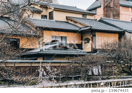 Traditional wooden houses line the peaceful Shirakawa canal with cherry blossom in Shinbashi dori, Kyoto Traditional wooden houses line the peaceful Shirakawa canal with cherry blossom in Shinbashi dori, Kyoto 139674435