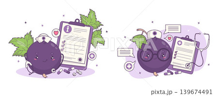 Medical Blackcurrant Character Set. Cute Kawaii Berry Nurse Girl with Stethoscope. Doctor Currant Mascot with Prescription, Consultation Examination and Treatment Concept. Vector illustration 139674491