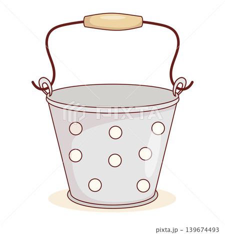 Vintage Metal Bucket With Polka Dot Pattern. Retro Enamel Pail For Garden And Interior Decor. Vector Illustration. Farmhouse Rustic Pail For Harvest. Vintage Metal Bucket With Polka Dot Pattern. Retro Enamel Pail For Garden And Interior Decor. Vector Illustration. Farmhouse Rustic Pail For Harvest. 139674493