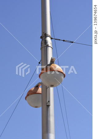 Street Lanterns on a Metal Pole Against Blue Sky Street Lanterns on a Metal Pole Against Blue Sky 139674654