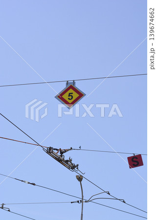 Tram Overhead Power Lines and Traffic Signs Tram Overhead Power Lines and Traffic Signs 139674662