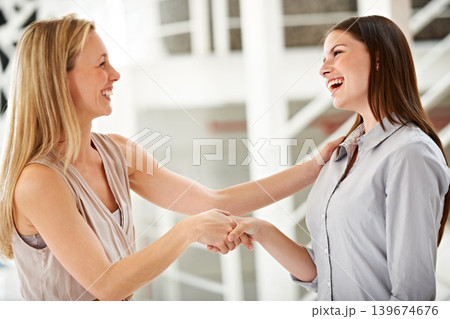 Handshake, smile and partnership with business women in the office for b2b deal or agreement. Welcome, thank you or interview with happy employee people shaking hands during a meeting for recruitment 139674676