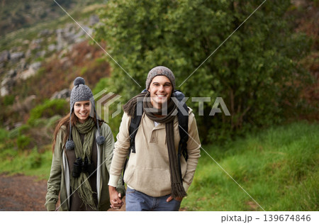 Couple, portrait and hiking on mountain or holding hands with travel, adventure or holiday for experience or fitness. Man, woman or trekking outdoor on trail for cardio, exercise or workout with love Couple, portrait and hiking on mountain or holding hands with travel, adventure or holiday for experience or fitness. Man, woman or trekking outdoor on trail for cardio, exercise or workout with love 139674846