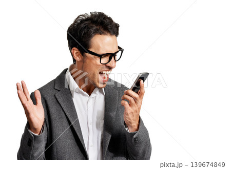 Angry, screaming and business man with phone call conflict or stress in studio on white background. Smartphone, fail or guy entrepreneur shouting at phishing, scam or frustrated by app, 404 or glitch 139674849