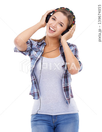 Woman, portrait and headphones for listening to music in studio for audio entertainment, track or white background. Female person, smile and headset for radio techno, subscription or mockup space Woman, portrait and headphones for listening to music in studio for audio entertainment, track or white background. Female person, smile and headset for radio techno, subscription or mockup space 139674855