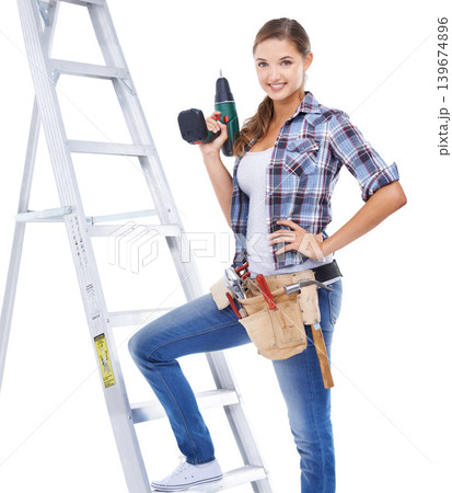 Woman, portrait and ladder or drill for repair in studio for construction building, maintenance or project. Female person, face and tool belt on white background for improvement, renovation or mockup 139674896