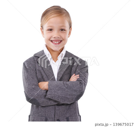 Business, child and happy pride in portrait, pretend employee and playing game on studio backdrop. Female person, face and confidence in career on white background, entrepreneur and smile for startup Business, child and happy pride in portrait, pretend employee and playing game on studio backdrop. Female person, face and confidence in career on white background, entrepreneur and smile for startup 139675017