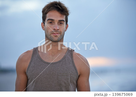 Portrait, beach and man with vacation, holiday and summer break with getaway trip and tropical island. Face, person and guy with journey and travel with wellness, morning and fitness with adventure Portrait, beach and man with vacation, holiday and summer break with getaway trip and tropical island. Face, person and guy with journey and travel with wellness, morning and fitness with adventure 139675069