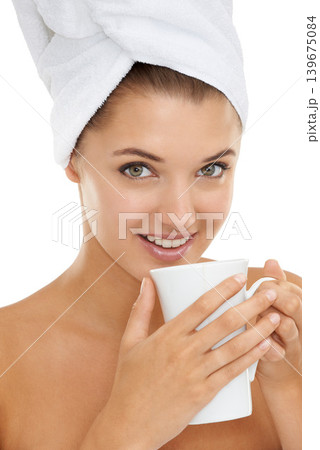 Skincare, portrait or woman with coffee in studio relax with self care, cleaning or me time on white background. Beauty, face or female model with green tea for detox, wellness or after shower pamper 139675084