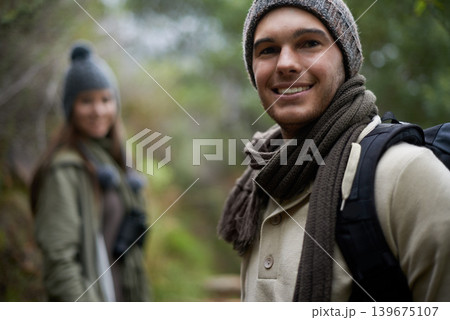 Nature portrait, happy man or couple on hiking journey, travel adventure or mountain climbing walk. Woods, love or face of husband, boyfriend or partner trekking for morning exercise in Canada forest 139675107