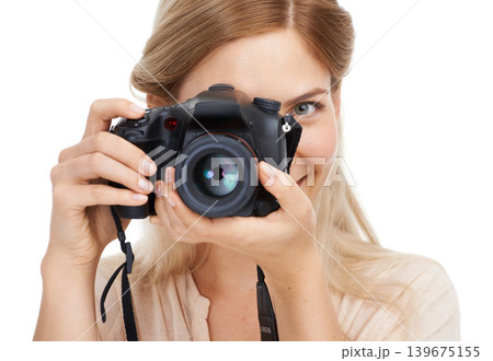 Photographer, camera lens and focus with woman and creative, take picture for art and photo journalist on white background. Press, creativity and photography in studio for content creation with tech Photographer, camera lens and focus with woman and creative, take picture for art and photo journalist on white background. Press, creativity and photography in studio for content creation with tech 139675155