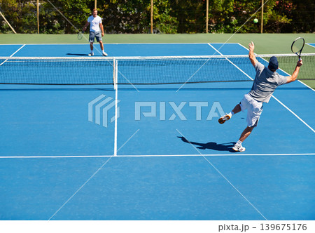 Tennis, game and men with fitness, friends and competition with training and exercise with sunshine. Players, tournament and guys with rackets and court with workout and challenge in the summer Tennis, game and men with fitness, friends and competition with training and exercise with sunshine. Players, tournament and guys with rackets and court with workout and challenge in the summer 139675176