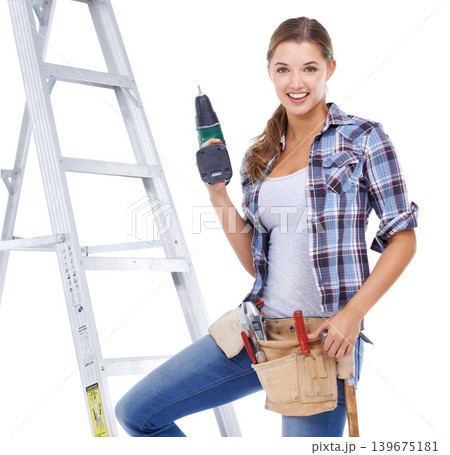 Woman, portrait and ladder or drill for construction renovation or contractor for building, maintenance or tool belt. Female person, face and studio on white background for improvement, diy or mockup Woman, portrait and ladder or drill for construction renovation or contractor for building, maintenance or tool belt. Female person, face and studio on white background for improvement, diy or mockup 139675181
