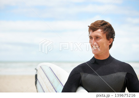 Surfing, happy and man with surfboard on beach for water sports training, freedom and fitness outdoors. Nature, smile and person with mockup space for adventure on holiday, vacation and hobby by sea 139675216