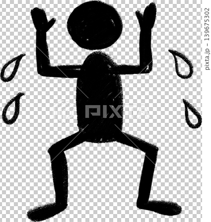 手描きペイントの人物シルエットアイコン、動揺して焦っている様子、全身 手描きペイントの人物シルエットアイコン、動揺して焦っている様子、全身 139675302