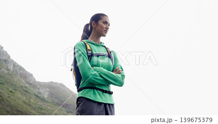 Arms crossed, hiking and woman with adventure, thinking and mountains with exercise and fresh air. Person, girl or hiker with wellness, fitness or training for health and active with hobby or holiday Arms crossed, hiking and woman with adventure, thinking and mountains with exercise and fresh air. Person, girl or hiker with wellness, fitness or training for health and active with hobby or holiday 139675379