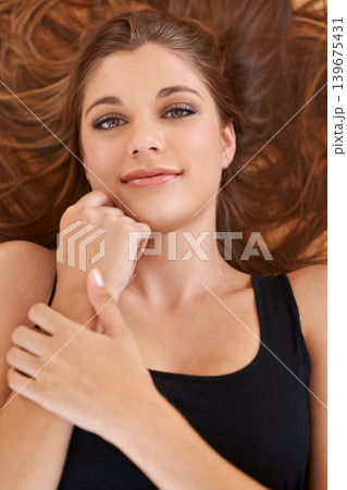 Portrait, beauty and hair care of woman, skincare or facial treatment for aesthetic shine in top view. Face, hairstyle and young person or girl in makeup cosmetics at hairdresser salon for glow above Portrait, beauty and hair care of woman, skincare or facial treatment for aesthetic shine in top view. Face, hairstyle and young person or girl in makeup cosmetics at hairdresser salon for glow above 139675431