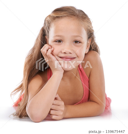 Kid, girl and portrait or happiness in studio with confidence, positive attitude and carefree youth. Child, face and smile with calm expression, mock up space and casual outfit on white background Kid, girl and portrait or happiness in studio with confidence, positive attitude and carefree youth. Child, face and smile with calm expression, mock up space and casual outfit on white background 139675447