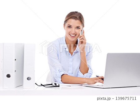 Laptop, phone call and portrait of woman in studio for appointment information at secretary desk. Communication, smile and female receptionist on mobile conversation with computer by white background Laptop, phone call and portrait of woman in studio for appointment information at secretary desk. Communication, smile and female receptionist on mobile conversation with computer by white background 139675711