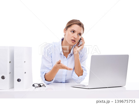 Laptop, stress and woman on a phone call in studio for appointment information at secretary desk. Communication, upset and female receptionist on mobile conversation with computer by white background Laptop, stress and woman on a phone call in studio for appointment information at secretary desk. Communication, upset and female receptionist on mobile conversation with computer by white background 139675755