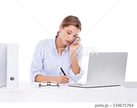 Laptop, phone call and woman writing in studio for appointment information at secretary desk. Communication, notebook and female receptionist on mobile conversation with computer by white background. Laptop, phone call and woman writing in studio for appointment information at secretary desk. Communication, notebook and female receptionist on mobile conversation with computer by white background. 139675764