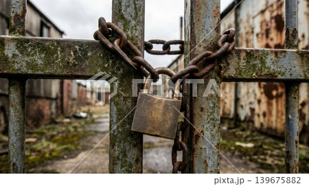 Weathered Bronze Padlock Securing A Heavy Iron Chain Outdoors Weathered Bronze Padlock Securing A Heavy Iron Chain Outdoors 139675882