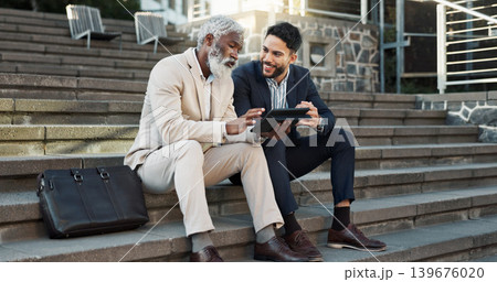 Tablet, conversation and business men in the city in discussion for corporate legal case. Teamwork, collaboration and male attorneys with digital technology sitting and talking on stairs in town. Tablet, conversation and business men in the city in discussion for corporate legal case. Teamwork, collaboration and male attorneys with digital technology sitting and talking on stairs in town. 139676020