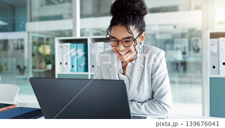Reading glasses, laptop and professional woman, advocate or government attorney check feedback. Corporate research, eyeglasses and business lawyer analysis of legal project, development or report 139676041