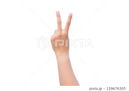 Victory Hand Sign Back View, V Gesture Isolated on White Background Victory Hand Sign Back View, V Gesture Isolated on White Background 139676305