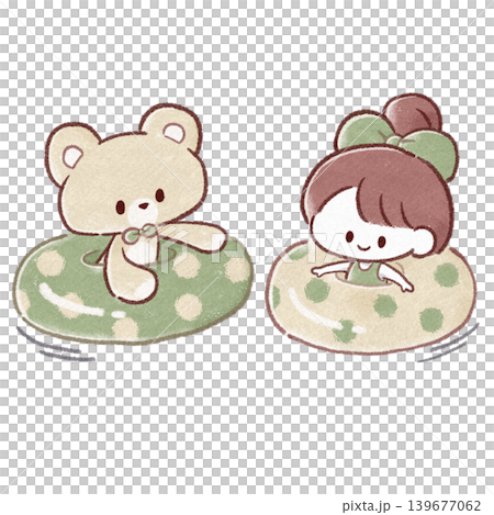 A girl and a bear playing with a polka-dot inflatable ring. A girl and a bear playing with a polka-dot inflatable ring. 139677062