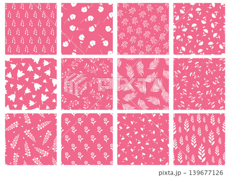 Collection of vector beautiful elegant floral seamless patterns. Vintage hand drawn spring nature pink fabric backgrounds with branches, leaves and flowers. Colorful textile drawing prints 139677126