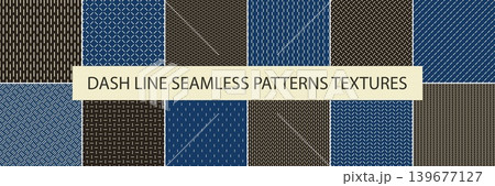 Collection of color dark blue dash geometric seamless patterns. Repeatable simple striped backgrounds, textile unusual minimalistic prints. Endless linear textures Collection of color dark blue dash geometric seamless patterns. Repeatable simple striped backgrounds, textile unusual minimalistic prints. Endless linear textures 139677127