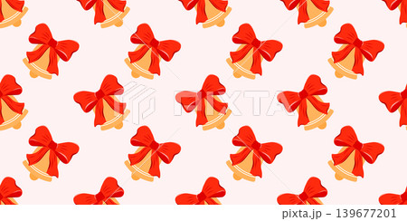 Bells christmas pattern with classic bow and single bell. Vector illustration merry jingle bg cover design by blue. Winter holiday star and pink checkered elements for romantic. 139677201