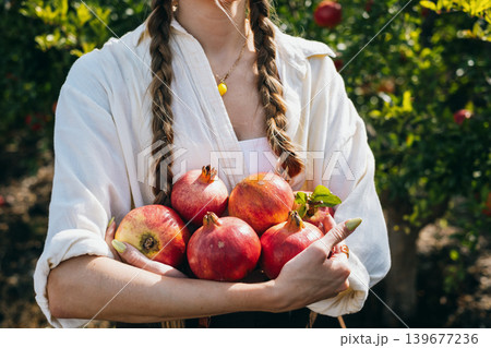 Young woman harvesting fresh pomegranates in sunny orchard Young woman harvesting fresh pomegranates in sunny orchard 139677236