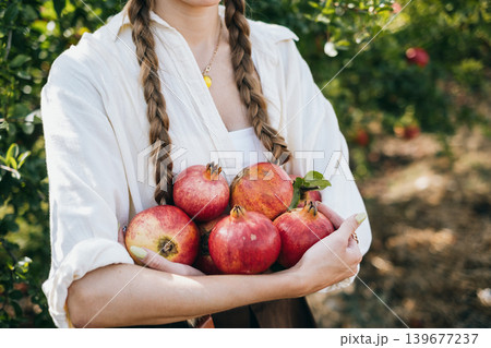 Woman holding freshly picked pomegranates in orchard with braided hairstyle and white blouse 139677237