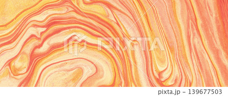 Light gold and peach abstract fluid art background with marble texture effect in coral acrylic pour painting style 139677503