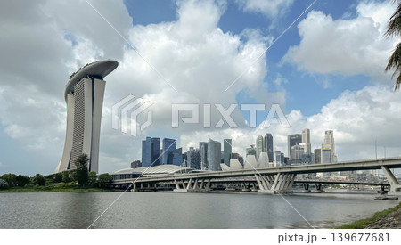 Panoramic view of Marina Bay Sands and the lotus-shaped ArtScience Museum building, Singapore skyline 139677681
