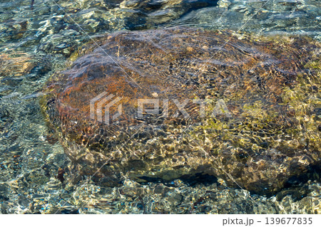 Sunlit rock beneath crystal clear water in pristine natural creek setting Sunlit rock beneath crystal clear water in pristine natural creek setting 139677835