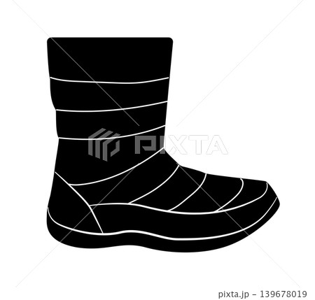 Outline vector illustration of a puffer winter boot with quilted insulated shaft and thick sole. Warm cold weather footwear isolated on white background. Outline vector illustration of a puffer winter boot with quilted insulated shaft and thick sole. Warm cold weather footwear isolated on white background. 139678019