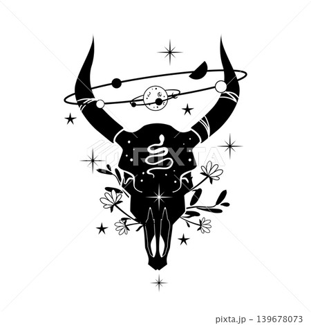 Black and white vector illustration of a bull skull with snake, orbiting planet, flowers, and stars. Mystical celestial design for tattoo, print, or poster. Black and white vector illustration of a bull skull with snake, orbiting planet, flowers, and stars. Mystical celestial design for tattoo, print, or poster. 139678073